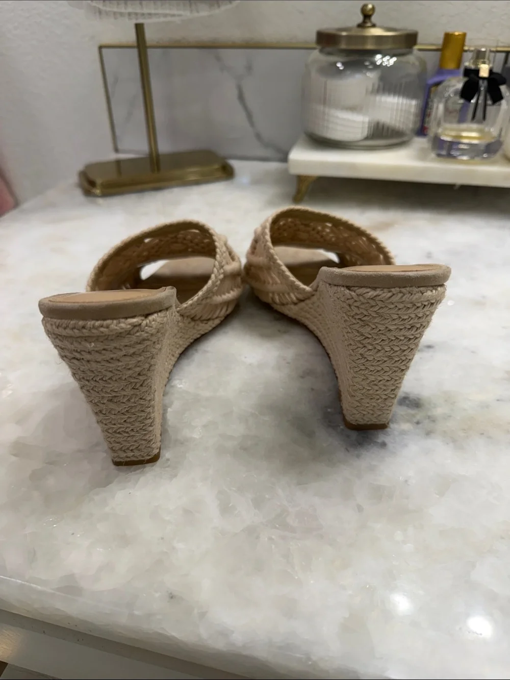 Veronica Beard Woven Macramé Slide Wedge in Beige